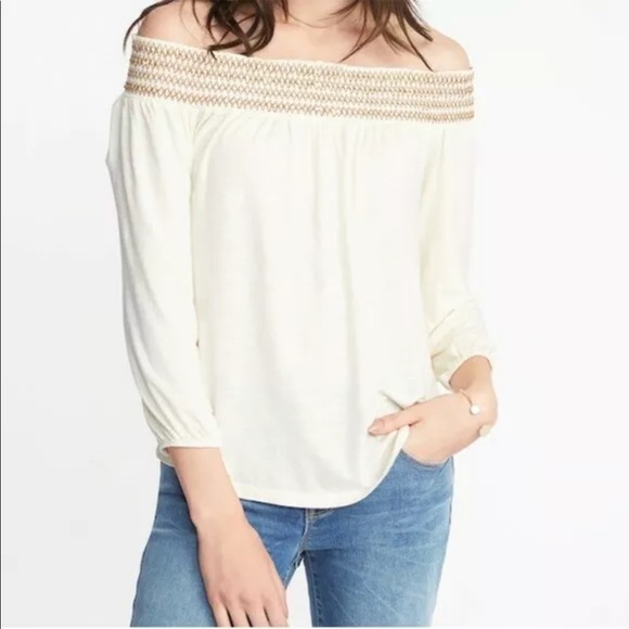 Old Navy Swing Embroidered Ivory Top Off Shoulder Boho Shirt 3/4 Sleeve  M NWT - Picture 2 of 4